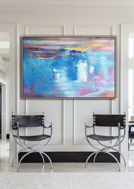 Large Abstract Art,Oversized Horizontal Contemporary Art,Large Abstract Art Handmade Acrylic Painting,Blue,Pink,Yellow,White.etc